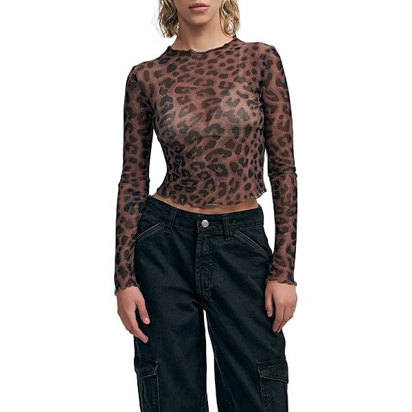 WDIRARA Women's Leopard Print Sheer Mesh T-Shirt - Mock Neck Long Sleeve Slim Fit Top