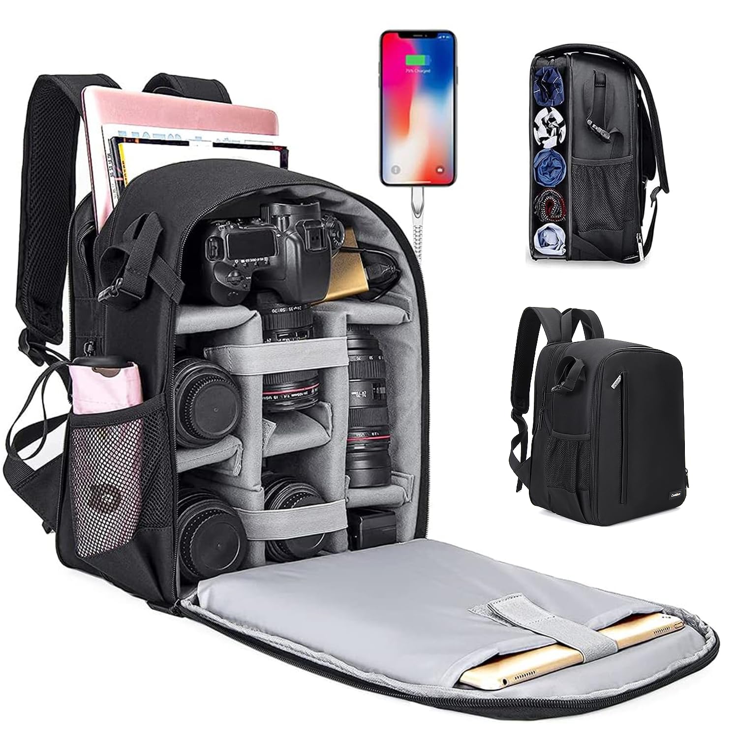 Cwatcun Camera Backpack with Extra Storage, DSLR SLR Water Resistant Camera Bag with 15.6