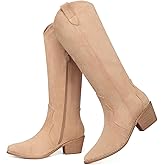 SHIBEVER Suede Knee High Cowboy Boots for Women Comfortable Tall Cowgirl Boots Zipper Low Heel Fall Winter Western Booties
