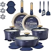 CAROTE 22Pcs Titanium Cookware Set, Pots and Pans Set Non Stick, Kitchen Cooking Set with Detachable Handle, Non Toxic Induction Cookware, Dishwasher/Oven Safe，Blue
