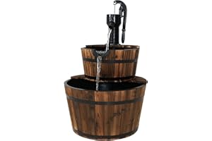 Sunnydaze 2-Tier Wood Barrel Outdoor Water Fountain - 34-Inch Waterfall Fountain with Submersible Pump - for Garden, Patio, Decks