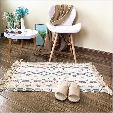 Amazon 玄関マット 室内 洗える 綿100 おしゃれ かわいい ラグ 60x130cm インド綿 厚手 コットン 夏 ナチュラル カラー ホワイト 新生活 西海岸風 ヴィンテージ風 シンプル 洗濯 玄関マット オンライン通販