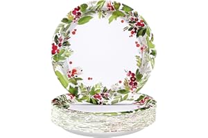 Greencian 50Pcs Christmas Paper Plates 10" Watercolor Holly Plates Disposable Mistletoe Berry Platter Dinner Tableware Christmas Party Decorations for Seasonal Winter Holiday Party Supplies