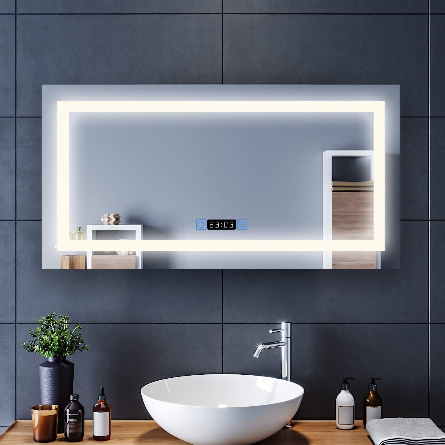 Amazon Com Elegant Frameless Makeup Bathroom Mirror 48 In W X 24 In H Vanity Mirror With Lights Mounted Led Anti Fog Mirror With Clock Display Touch Control Adjustable Brightness Warm White Home