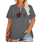 HDLTE Womens Plus Size Valentines Shirts Love Heart Graphic Print Short Sleeve Tops Casual Tees Blouse