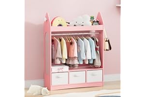 NACHES Kid Dress Up Storage with Mirror Kids Wardrobe Dressing Up Rail Open Hanging Costume Armoire Closet Pretend Storage Organizer Children Clothes Center for Girl Bedroom (Rocket 3, Pink)