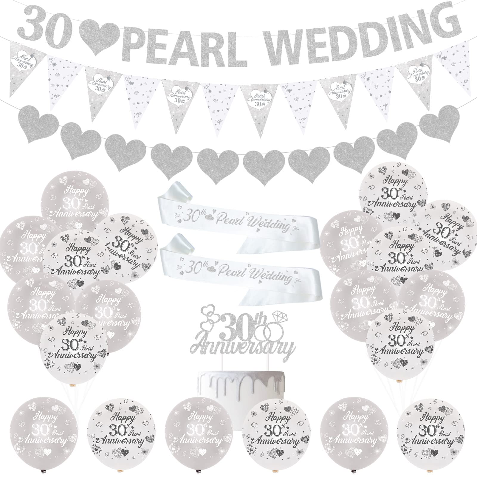 JOYMEMO 30th Pearl Anniversary Decorations - Balloons, Banner, Heart Rings, Cake Topper, Satin Sash for Couple's Pearl Wedding Party Supplies