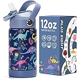 pluseight Kids Insulated Water Bottle with Straw Lid, 12 oz BPA-FREE Double Wall Vacuum Tumbler 18/8 Stainless Steel Leak Proof Kids Cups with Straw for School Travel Boys Girls (Dinosaur)