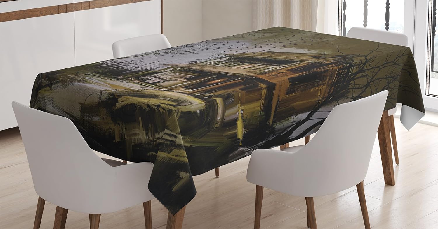 Amazon Com Ambesonne Rustic Tablecloth Old Haunted Abandoned Wood House At The Dark Night With Bats Scary Horror Paint Dining Room Kitchen Rectangular Table Cover 60 X 84 Multicolor Home Kitchen