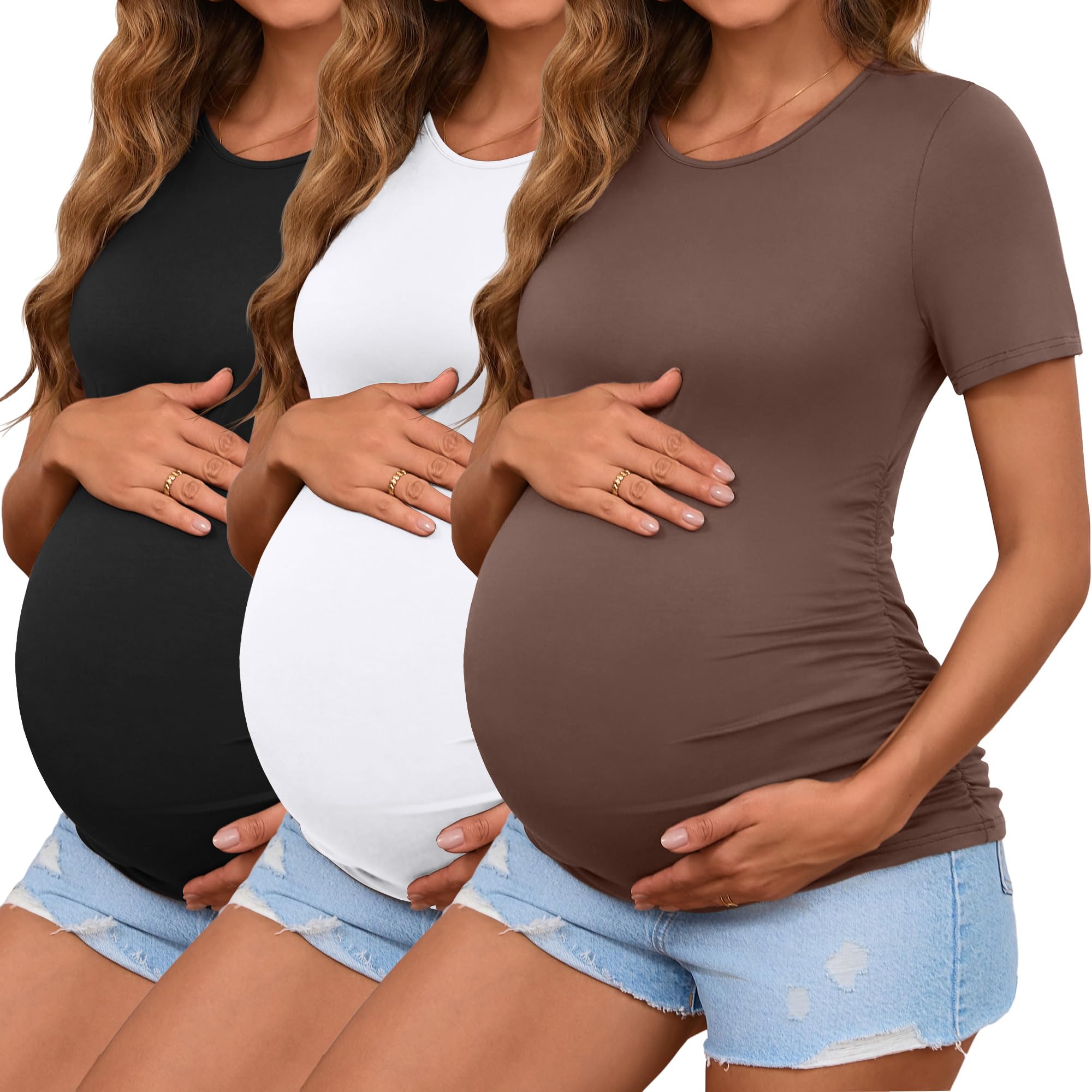 Photo 1 of Ficerd 3 Pack Women's Maternity T-Shirts, Short Sleeve Cotton Maternity Tops Comfy Crew Neck Side Ruched Pregnancy Clothes(Black, White, Coffee,Medium)