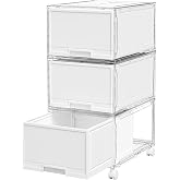 JOYZAN Large Stackable Storage Drawers with Wheels for Closet, 3-Tier White | Rolling Storage Cart Plastic Organizer with Foldable Drawer for Bedroom, Bathroom, Home Office, and Dorm Rooms Easy Assembly