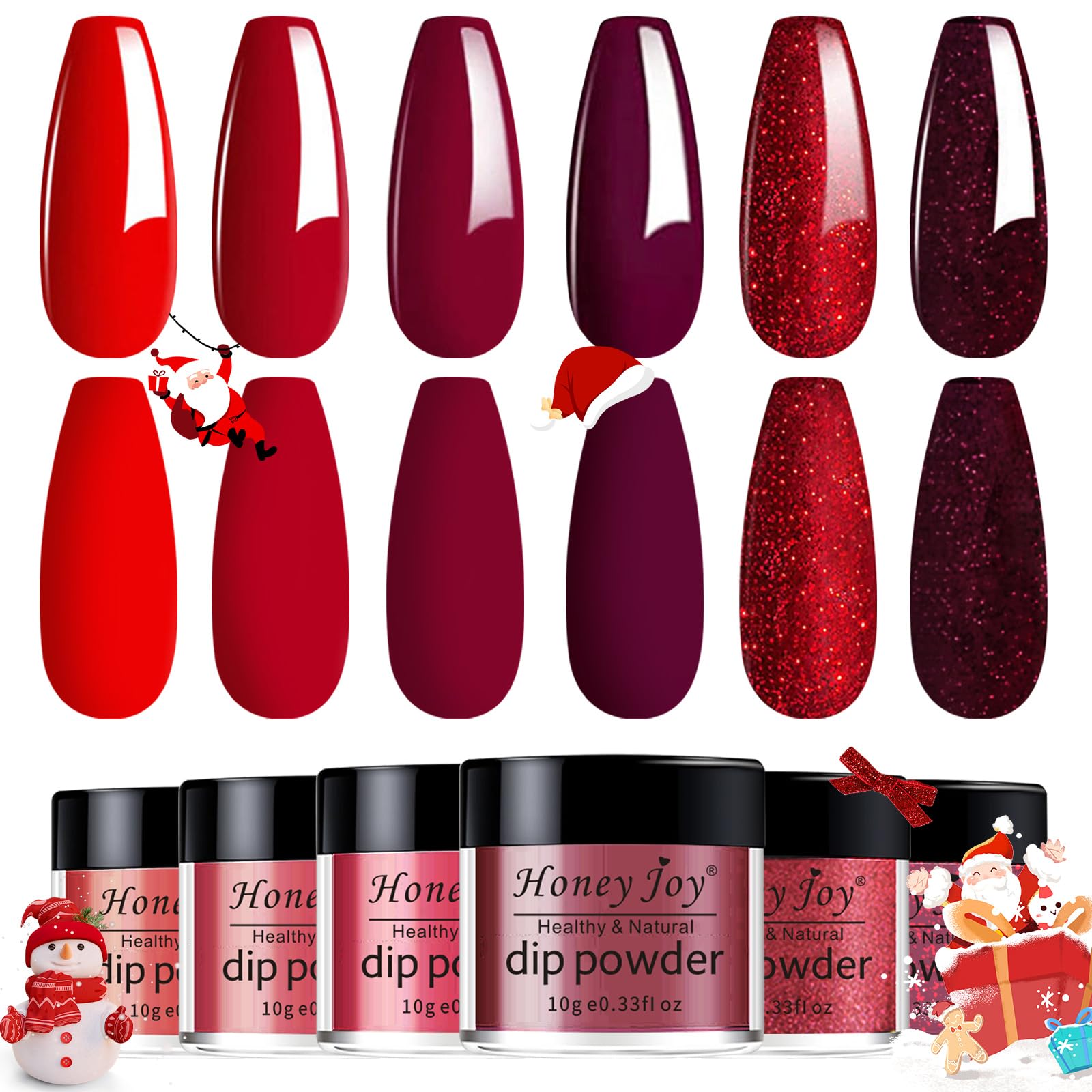 Honey Joy 6 BOX/SET Wine Red Dip Powder Glitter Dark Barn Red Fine Dipping Powder Colors No Need Lamp Cure,Like Gel Polish Effect,Even & Smooth Finishing (DP-L-6pcs-10g/box)