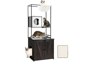 DWANTON Cat Tree with Litter Box Enclosure, All-in-one Modern Cat Tower with Condo, Hammock, Food Station, Scratching Mat, Washable Cushions, Reversible Entrance, 57.9-Inch, Dark Gray