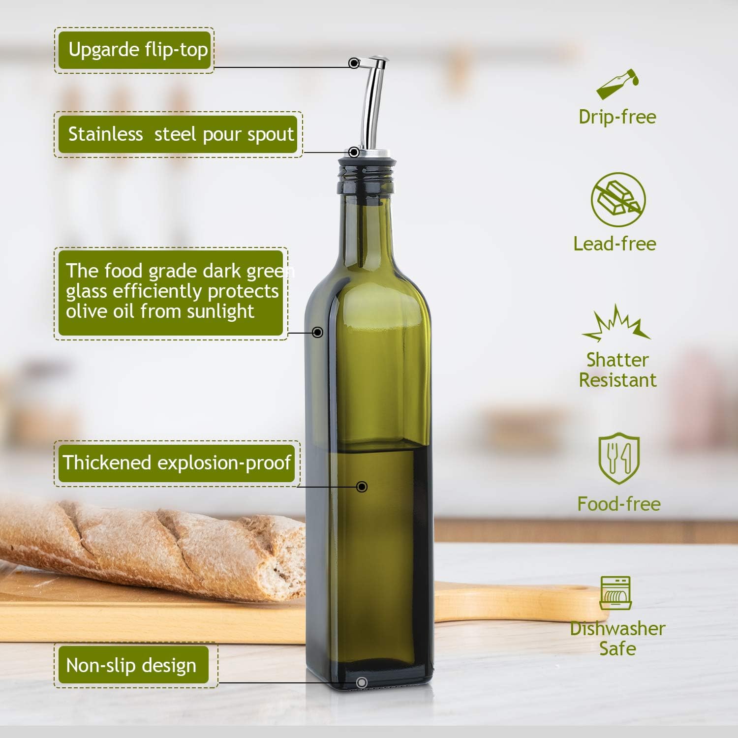 Aozita 17oz Olive Oil Dispenser Bottle Set with Stainless Steel Holder Rack - 500ml Glass Oil & Vinegar Cruet with No-drip Pourers, Funnel, and Labels - Dark Green & Brown: Home Improvement