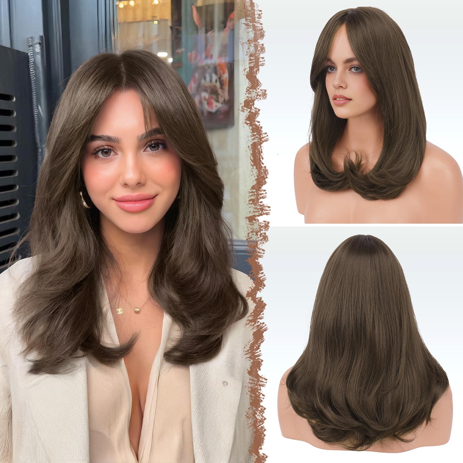 Photo 1 of FESHFEN Medium Brown Wigs with Bangs, Synthetic Natural Looking Long Layered Straight Hair Wig for Women Daily Party Use, 18 inch