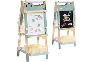 ROBOTIME Alligator Kids Easel - 3-in-1 Adjustable Height Wooden Children Easel with Magnetic Whiteboard, Chalkboard & Paper R