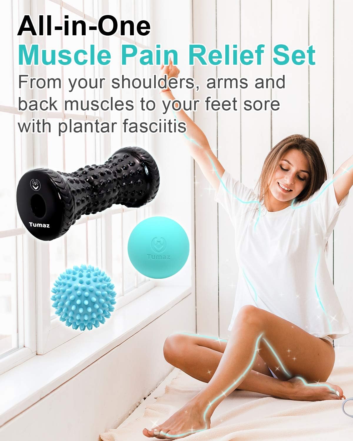 Tumaz Massage Ball & Foot Roller 3-in-1 Set with Spiky Ball, Lacrosse Ball, Massage Roller - Ergonomic Design to Relieve Plantar Fasciitis, Deep and Superficial Muscle Pain: Health & Personal Care