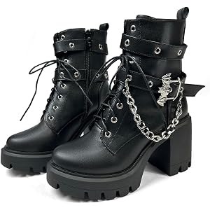 FOREADA Goth Women Platform Boots Chain Chunky Heel Combat Ankle Booties | Features edgy gothic punk rave emo rock grunge cos