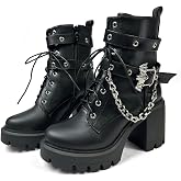FOREADA Goth Boots Chunky Heel Boot For Women Ankle Combat Booties Black Platform Bootie Buckle Rivets Punk Goth Shoes With Zipper