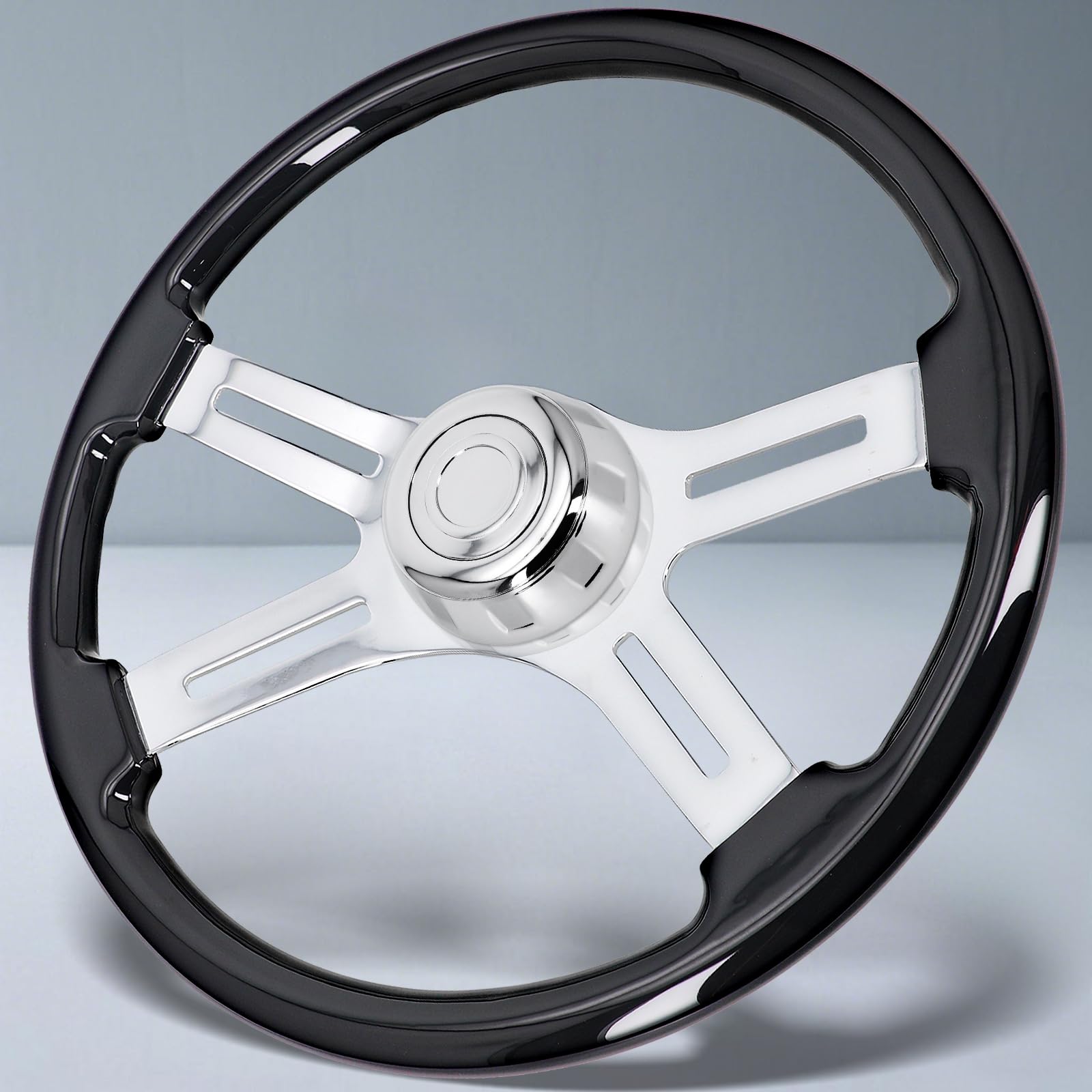 Photo 1 of Sorghum 18" Solid Wood Steering Wheel - 4 Spokes Aluminum Chrome Classic Steering Wheel with Horn Button for Semi-Trailers Trucks Compatible with Mack Kenworth Peterbilt Volvo Freightliner-Black