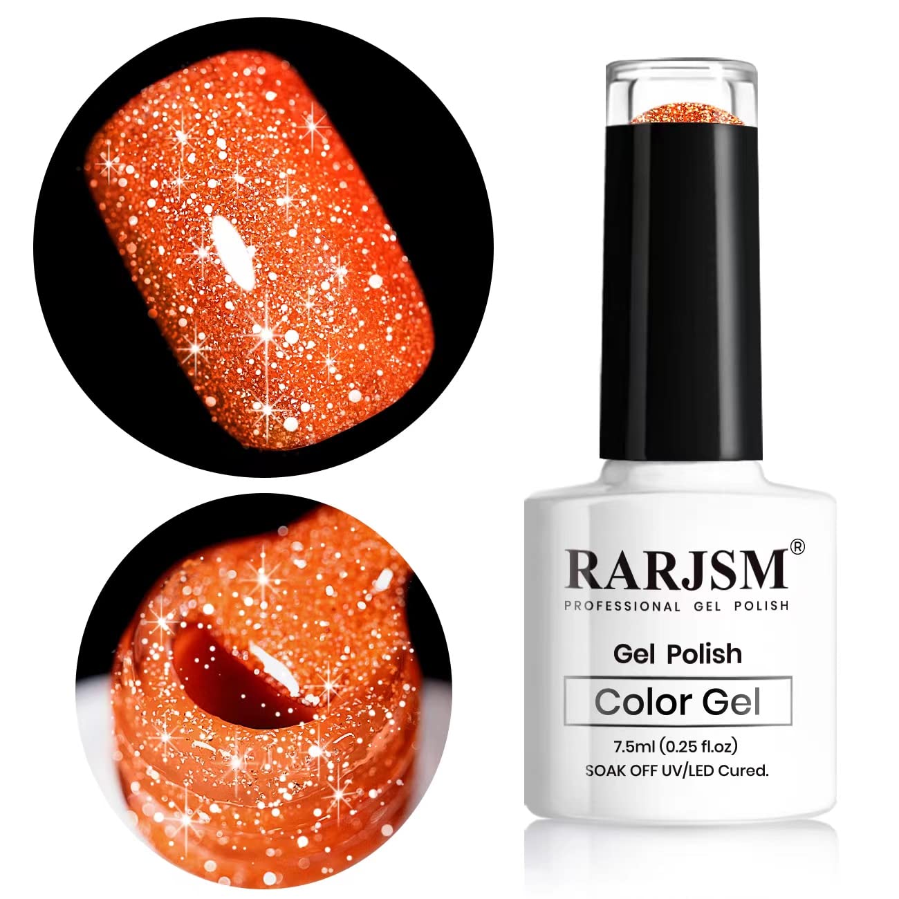 RARJSM Neon Gel Nail Polish Orange Glitter Reflective Orange Gel Polish 7.5ml 1pcs Flashlight Sparkly Shiny Disco Shimmer Nail Polish UV LED Curing Needed Soak Off Nail Art Home Diy Manicure