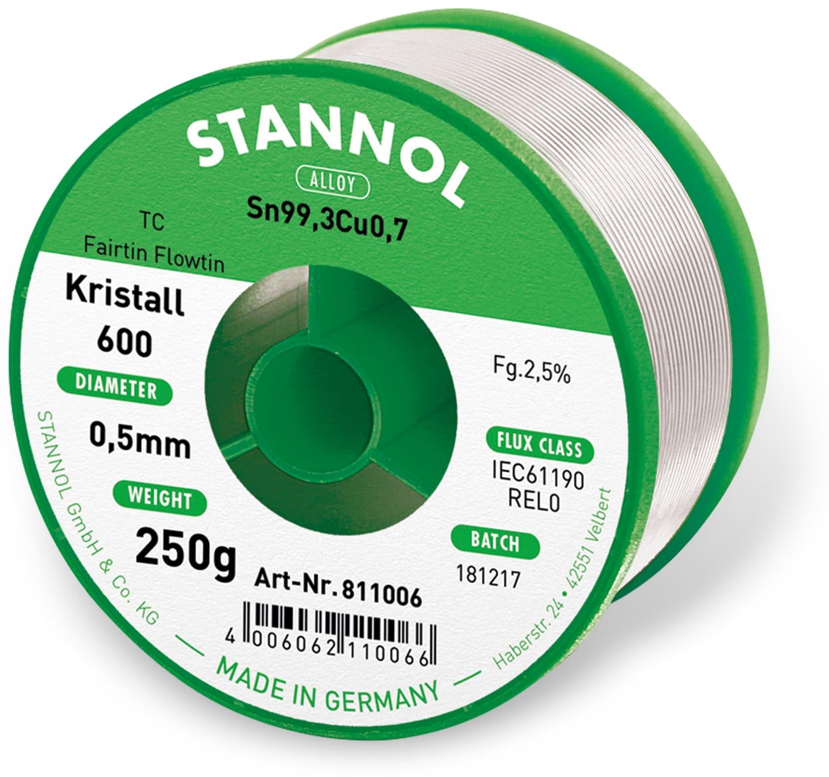 Stannol 811006 Fairtin Kristall 600 Solder Wire, Lead-Free Sn99.3Cu0.7, 0.5 mm x 250 g