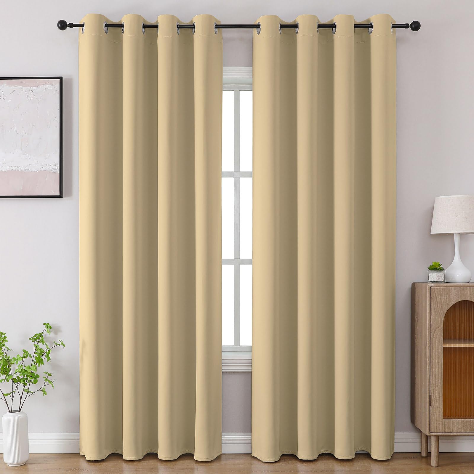 CUCRAF Beige Blackout Curtains 90 inch Length 2 Panels Set, Room Darkening Drapes for Living Room Bedroom, Thermal Insulated Light Blocking Grommet Window Curtain (W52 x L90 Inch) Image