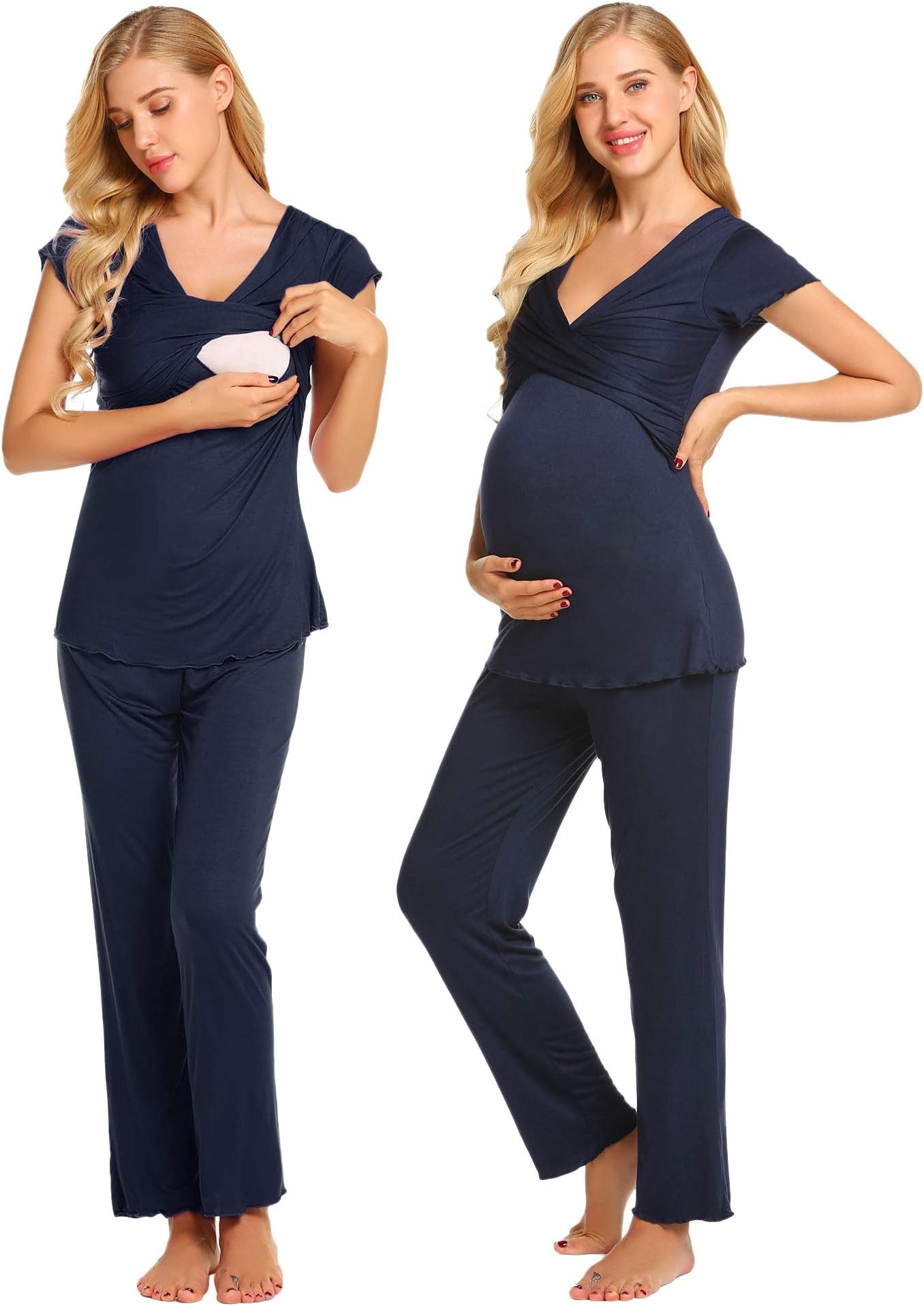 Ekouaer Womens Maternity Nursing Pajama Set Short Sleeve Breastfeeding Pjs, A_navy Blue, Medium