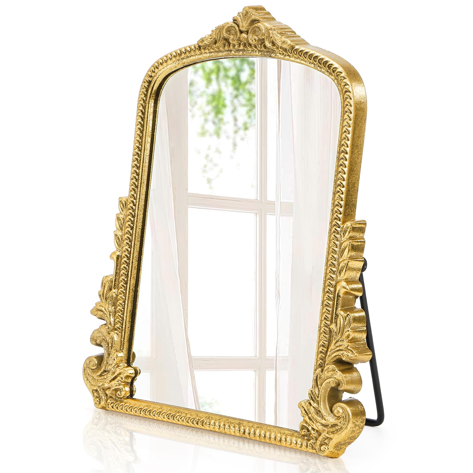 Photo 1 of ZOOFOX Vintage Vanity Desk Table Mirror, 11.8" x 9.6" Arched Antique Makeup Mirror with Full Wooden Frame, Small Standing Carved Baroque Mirror for Living Room, Bedroom Dresser, Desktop Decor
