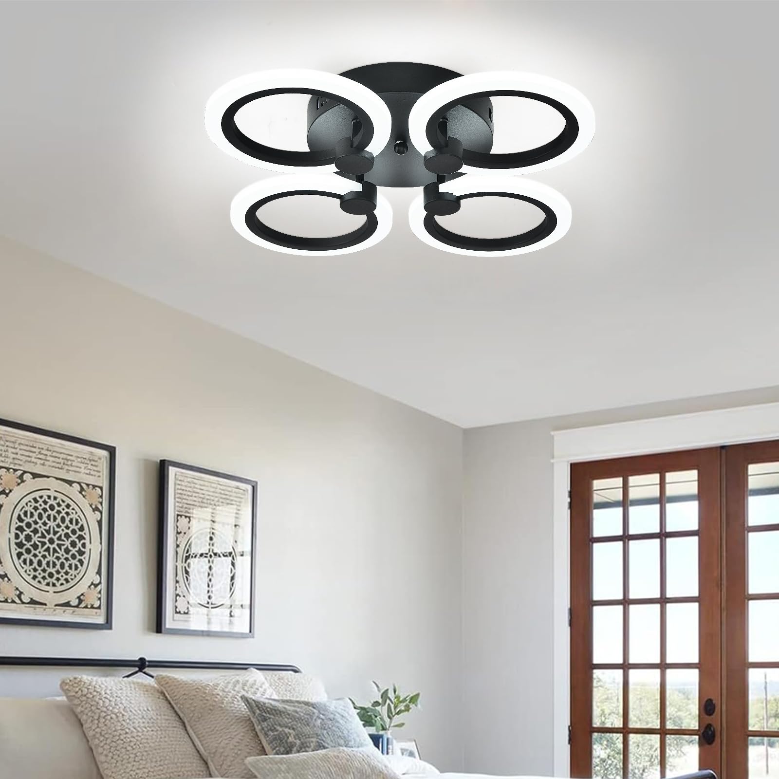 Hudi Fyier Modern LED Ceiling Light - 4 Rings Flush Mount Fixture, Black Close to Ceiling Lamp, 6500K for Bedroom, Dining Room, Living Room, Office