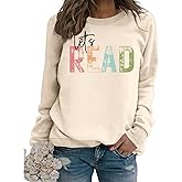 NAKAEOE Reading Book Sweatshirt Women Let's Read Graphic Long Sleeve Shirts Teacher Book Lover Bookish Pullover Tops