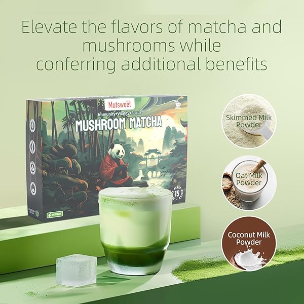 MUTSWEET MATCHA GREEN TEA POWDER WITH 10-IN-1 MUSHROOM & SKIMMED MILK POWDER, GLUTEN-FREE, NON-GMO, SWEETENED MATCHA LATTE BLEND, FOR NATURAL ENERGY, MEMORY, IMMUNE SUPPORT, PORTABLE 30 PACKETS
