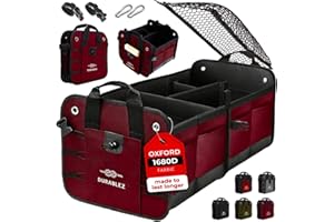 DURABLEZ Car Trunk Organizer - Collapsible, Foldable - with Covering Net, Removable Dividers, Attachable Non-Slip Pads, Mounting Straps, and Stainless Hooks - for SUV, Truck, Sedan, Minivan, and Van - Cherry