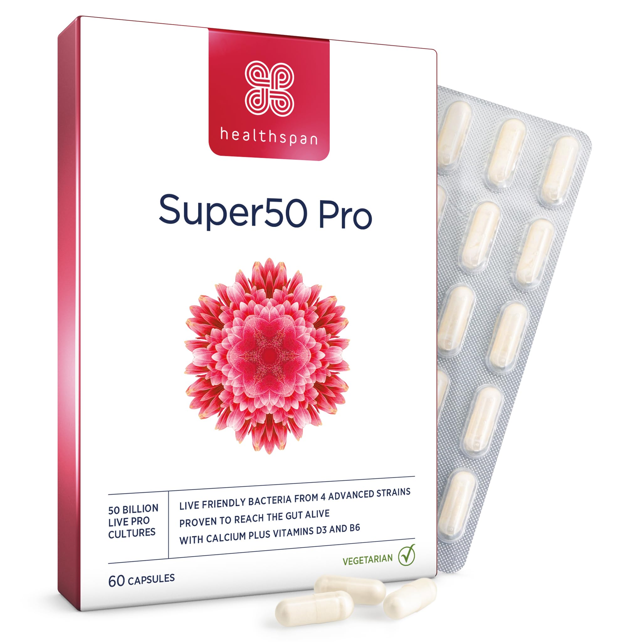 Healthspan Super50 Probiotic | Gut Health | with Vitamin D3 | 50 Billion Live Probiotic Cultures | Vitamin B6 | Calcium | Vegetarian (60 Capsules)