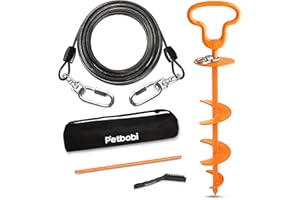 Petbobi Dog Tie-Out Cable and Stake - Heavy Duty Anti Rust Spiral Stakes, 30ft Steel Wire Run Cable, No Tangle Leash, 360° Sw
