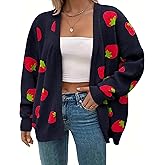 SECRETEYARD Women's Plus Size Strawberry Floral Print Long Sleeve Open Front Knit Cardigan Sweater