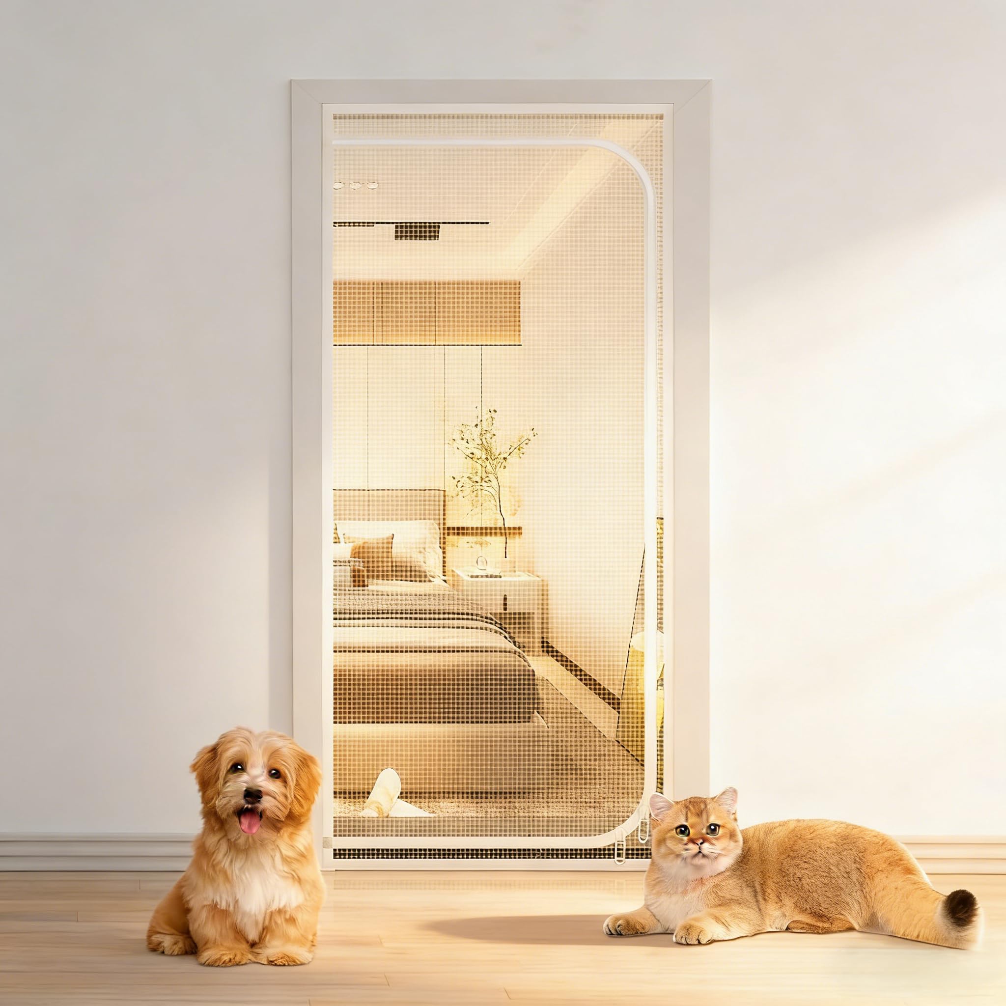 Cat Screen Door Fits Door Size 90cm x 200cm, Heavy Duty Pet Screen Door Prevent Dogs Cats from Running Around, Partition Mesh Cat Door Screen with Zipper for Livingroom, Bedroom, Kitchen(90 * 200CM)