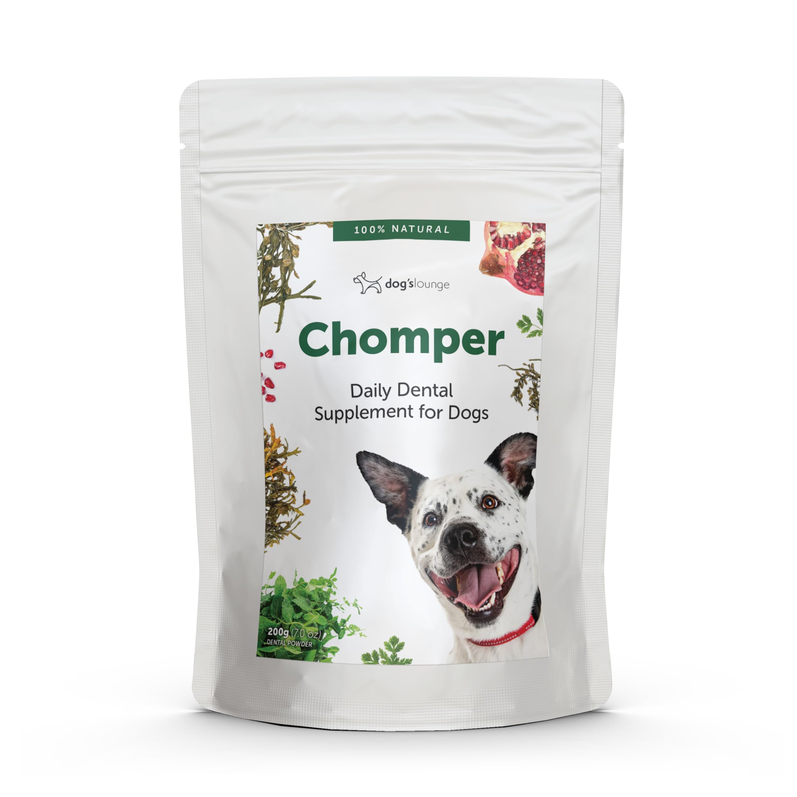 Dog's Lounge Chomper – Natural Dental Supplement for Dogs with Seaweed, Pomegranate, Herbs & Zinc | Fights Plaque & Bad Breath | 100% Natural Powder – 200g