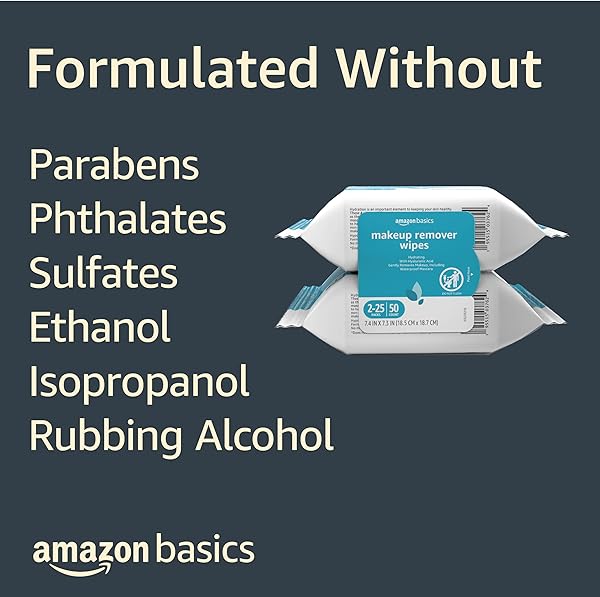 AMAZON BASICS MAKEUP REMOVER WIPES, GENTLE CLEANSING, DERMATOLOGIST TESTED, HYDRATING, PLANT BASED, ALCOHOL FREE, REMOVES WATERPROOF MASCARA, 25 COUNT PER PACK, PACK OF 2 (PREVIOUSLY SOLIMO)