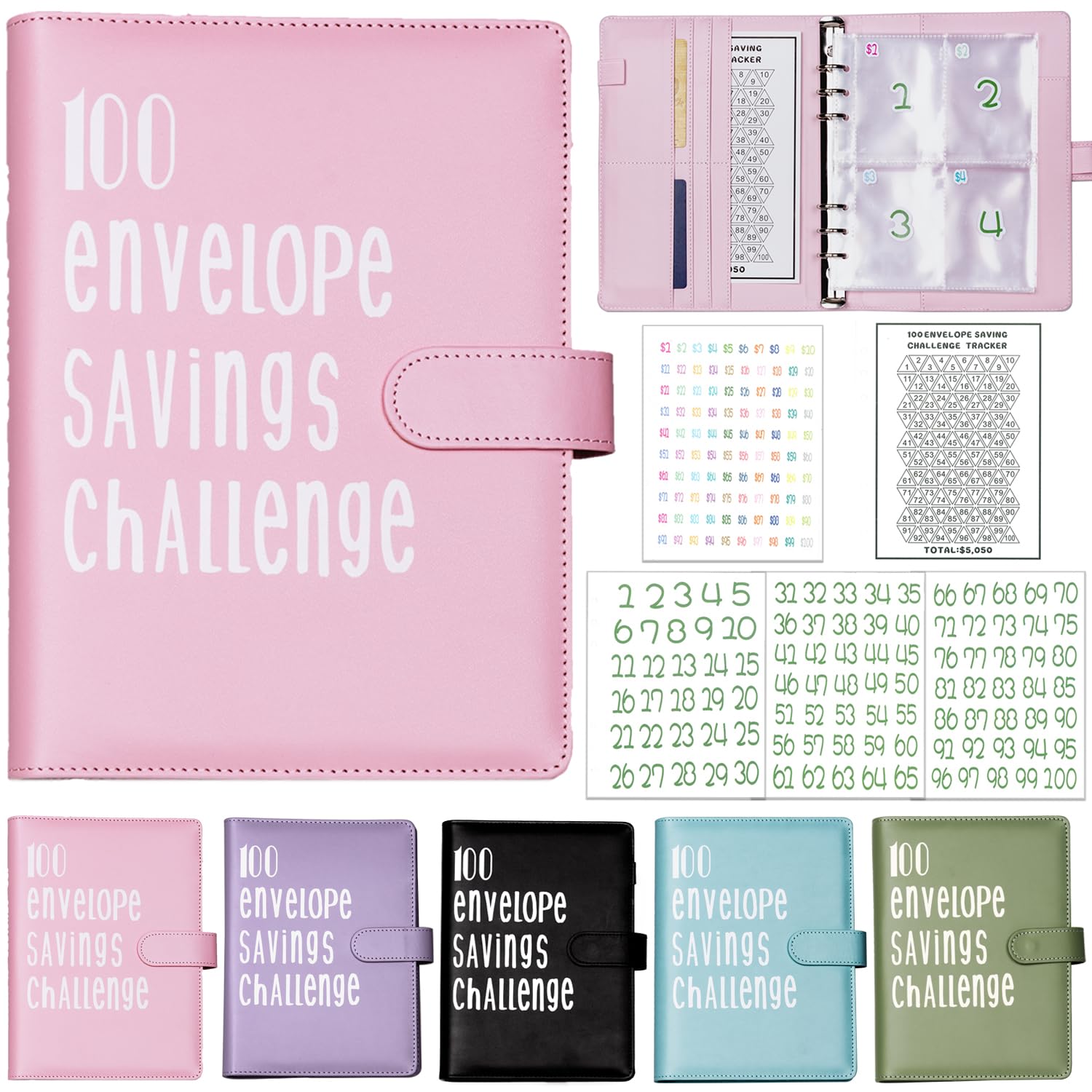 100 Envelopes Money Saving Challenge Binder Kit, Prefdo Budget Binder Book Organizer with Cash Envelopes for 100 Day Cash Stuffing, Budgeting Planner Saving Money (Pink)