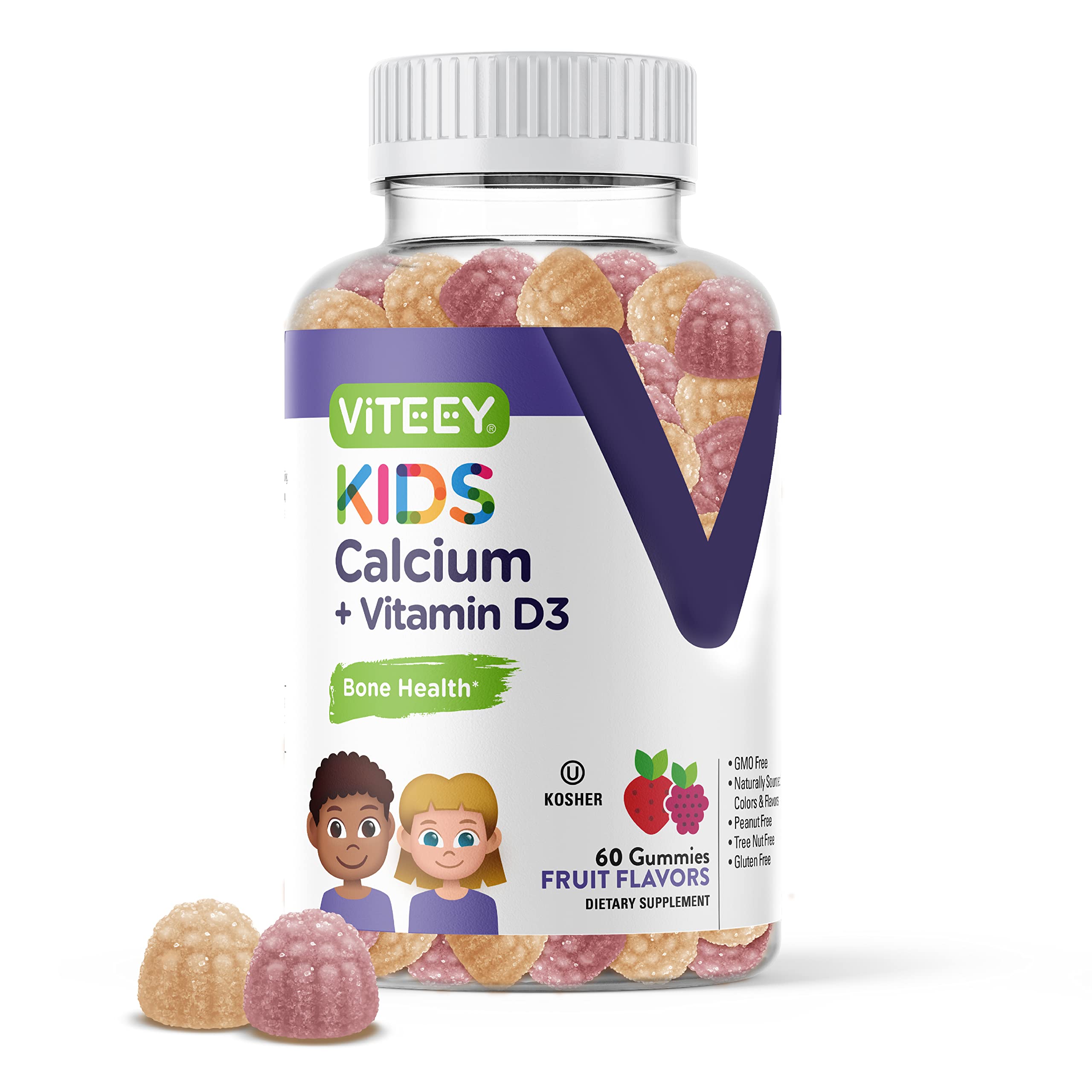 Kids Calcium Gummies with Vitamin D3 - Supports Bone Health & Tooth Health - Naturally Sourced Calcium 500mg plus Vitamin D3 1000iu - Gluten Free, GMO Free - Tasty Chewable Fruit Flavored Gummy
