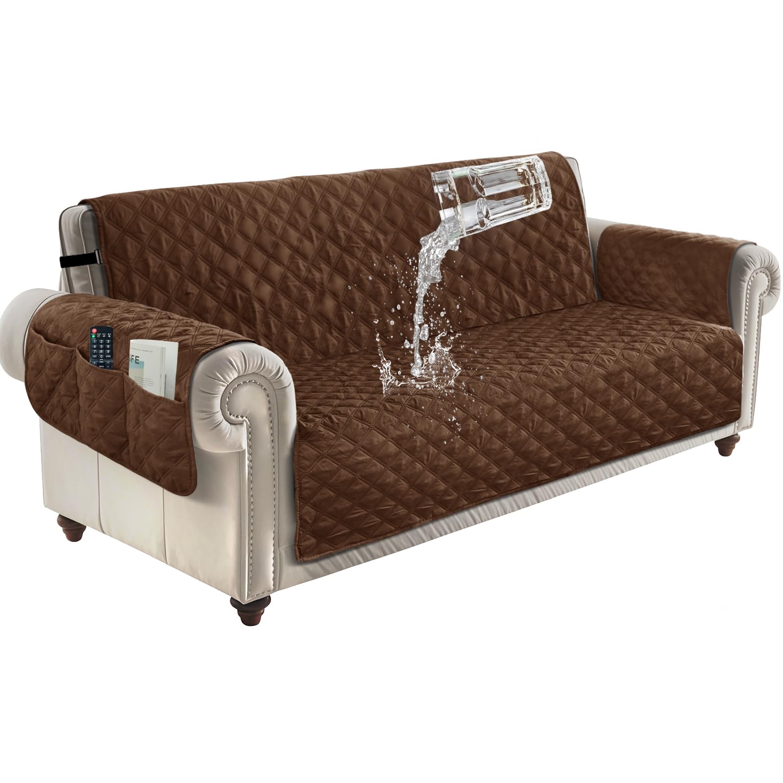ZenDen Sofa Covers 100% Waterproof Sofa Slipcovers 3 Seater, Non Slip Cover for Kids/Dogs/Pets, Washable Sofa Protector with Elastic Strap, Brown