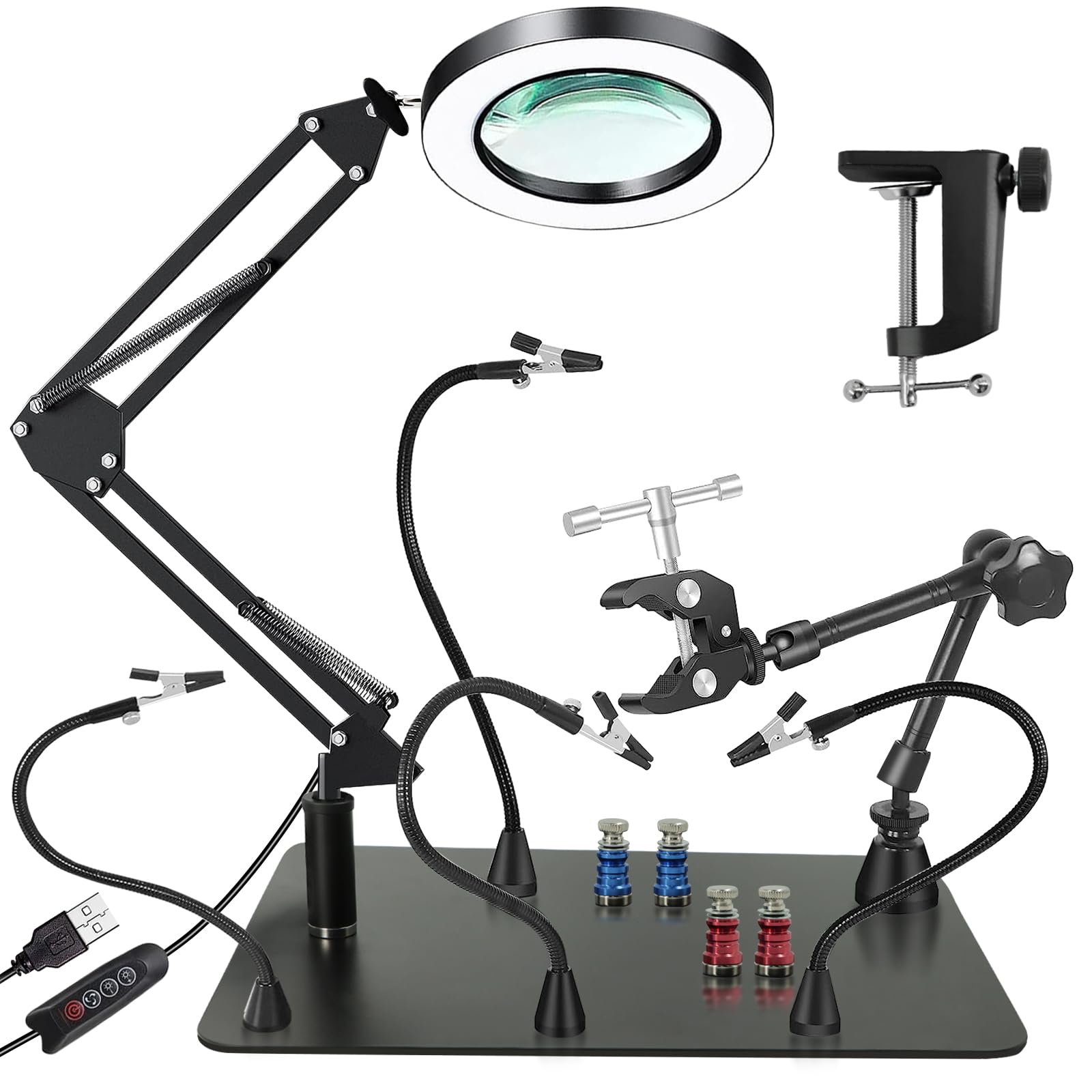Photo 1 of Magnetic Helping Hands Soldering Station, 10X LED Magnifying Lamp, Magnifying Glass with Light and Stand, 360 Hot Air Gun Holder, 4 Magnetic Third Hand Soldering Tool &PCB Holder for Soldering Station