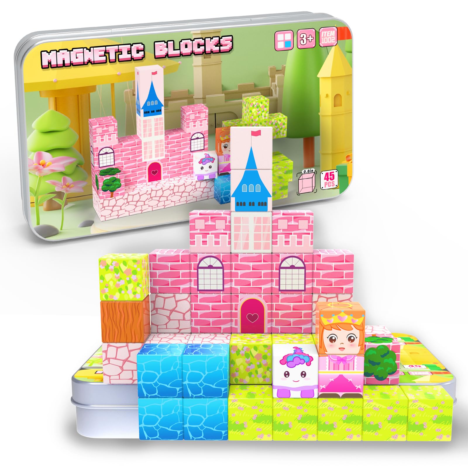 Mini Magnetic Blocks for Kids, 45PCS Travel Magnetic Building Block Cubes with Iron Case, Princess Stacking Magnets Toys, Montessori Construction Toys Christmas Birthday Gifts.