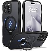 CAPRARO for iPhone 15 Pro Max Case with 360° Spin Magnetic Stand for Women, [Compatible with MagSafe] [Full Camera Protection] Cute Wave Translucent Matte Case for iPhone 15 Pro Max, Black