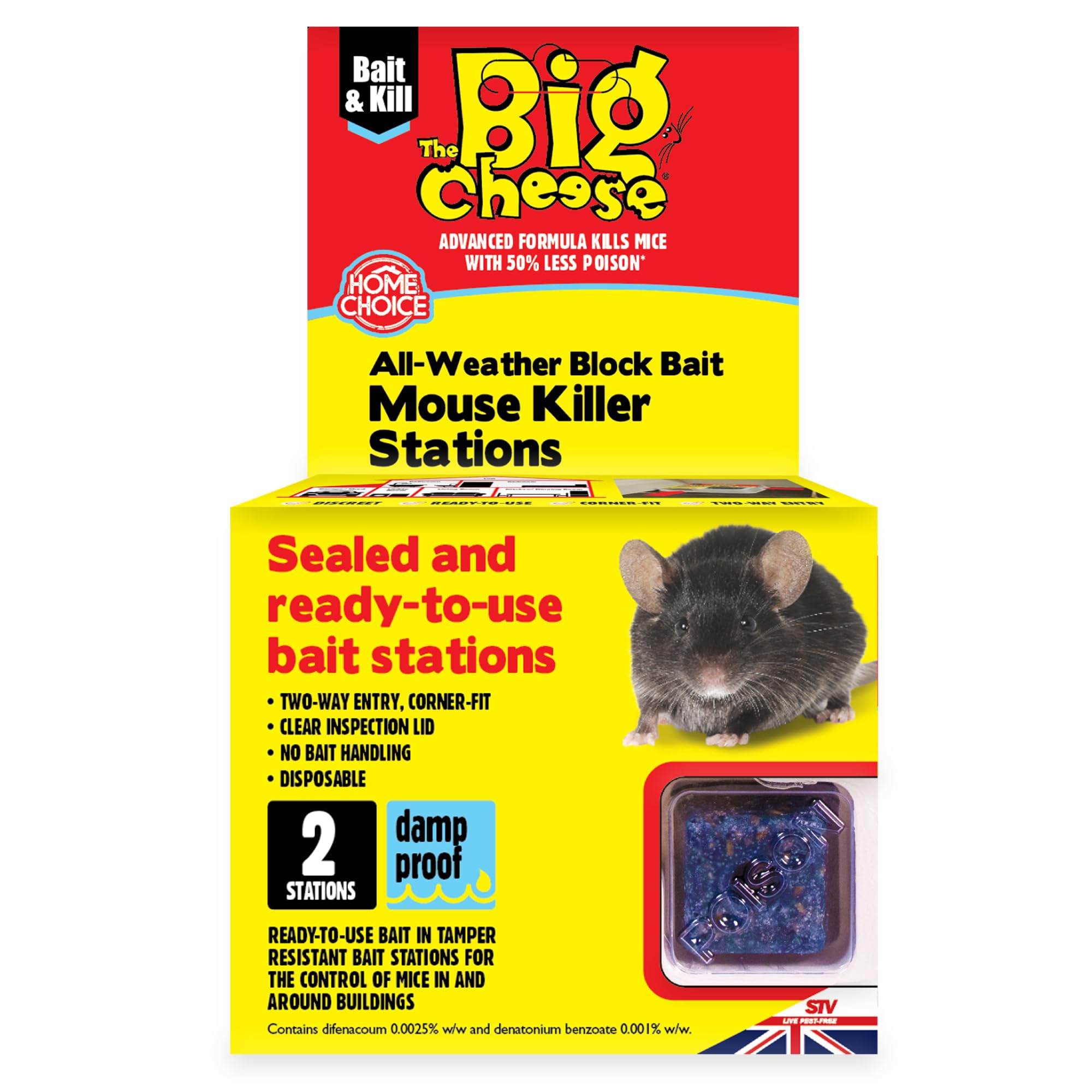 The Big Cheese Ready-Baited Mouse Killer Station - Twinpack Kills Mice Sealed, Single Use Ready-To-Use Bait Station Disposable Difenacoum Indoor Use, White