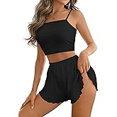 Remidoo Womens Split Short Pajama Set Ribbed Knit Cami Top Sexy Pajamas Cute Pj Sets