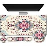 Gaming Mouse Pad, Large Desk Mat, Cute Desk Pad Protector, 4in1 XXL Mousepad + Keyboard Wrist Rest+Mouse Wrist Rest+Coaster Set with Ergonomic Desk Pad for Home Office Computer, Retro Style Pattern