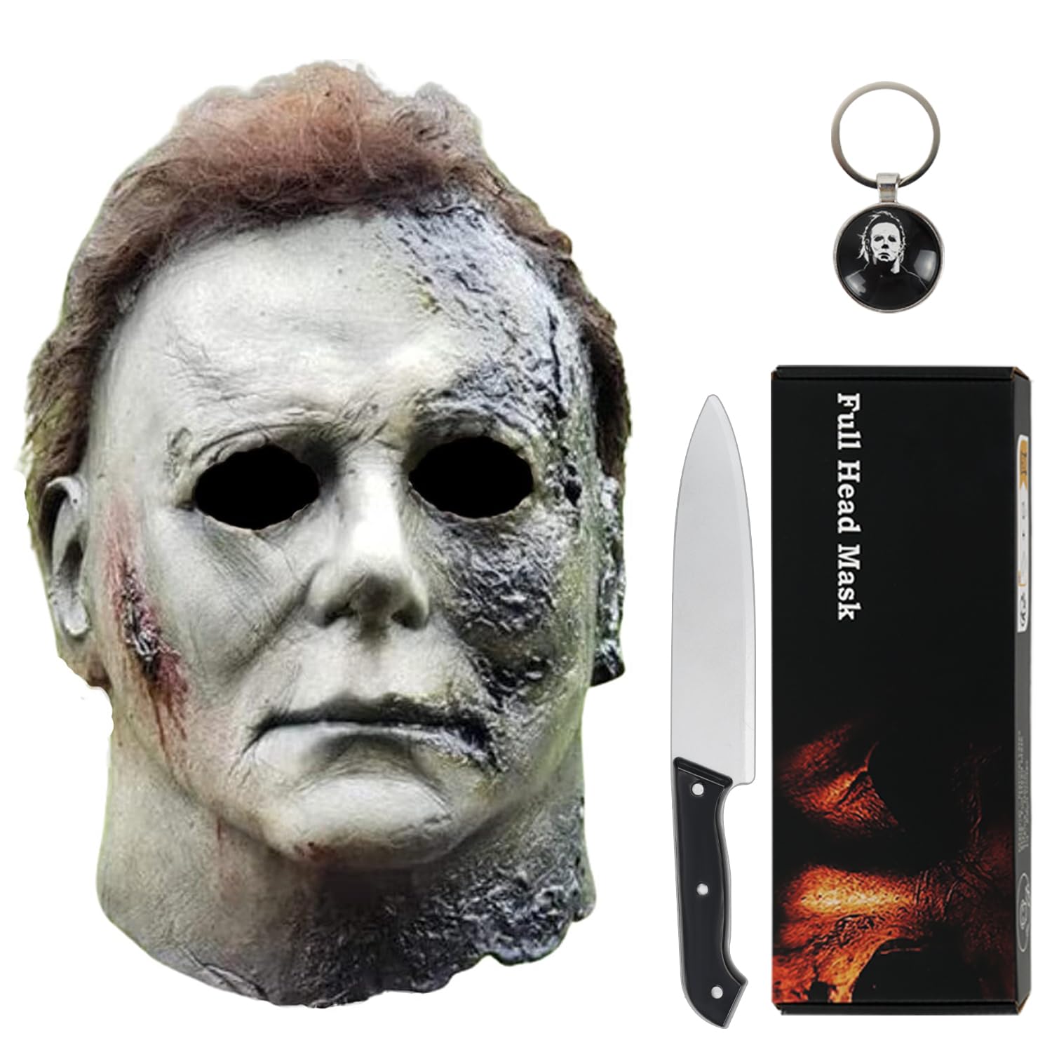 Michael Myers Mask for Adults, Halloween Mask Micheal Myers Face - Halloween Kills 2021, Full Head Mask Halloween Horror Face Headgear Latex Rubber with Hair, Includes Knife and Keychain (BK-2021)