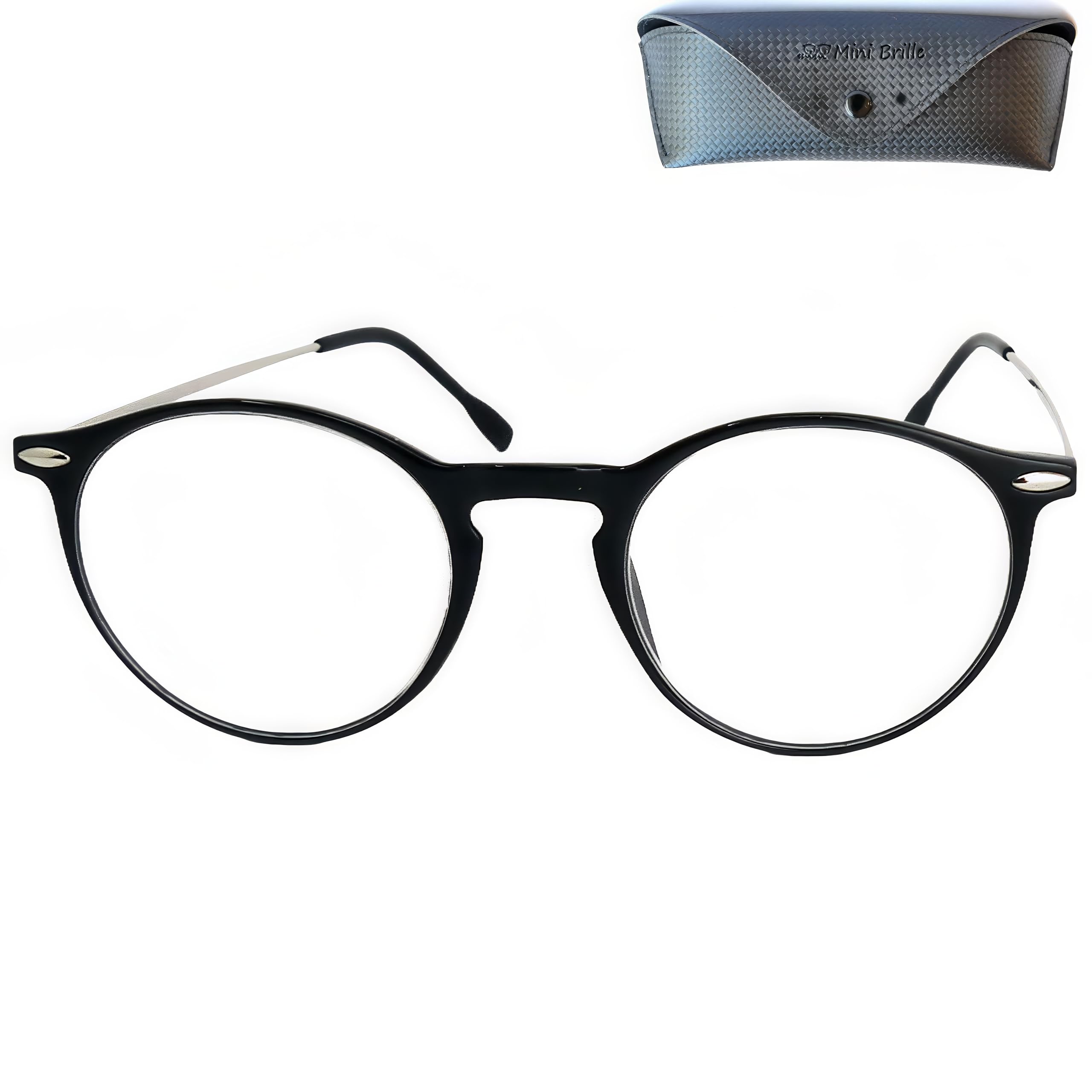Mini Brille - Lightweight Blue Light Blocking Reading Glasses, Round Lenses, FREE Case, Plastic Frame (Black) with Metal Temples, Women and Men Anti Blue Light Filter +1.00 Magnification